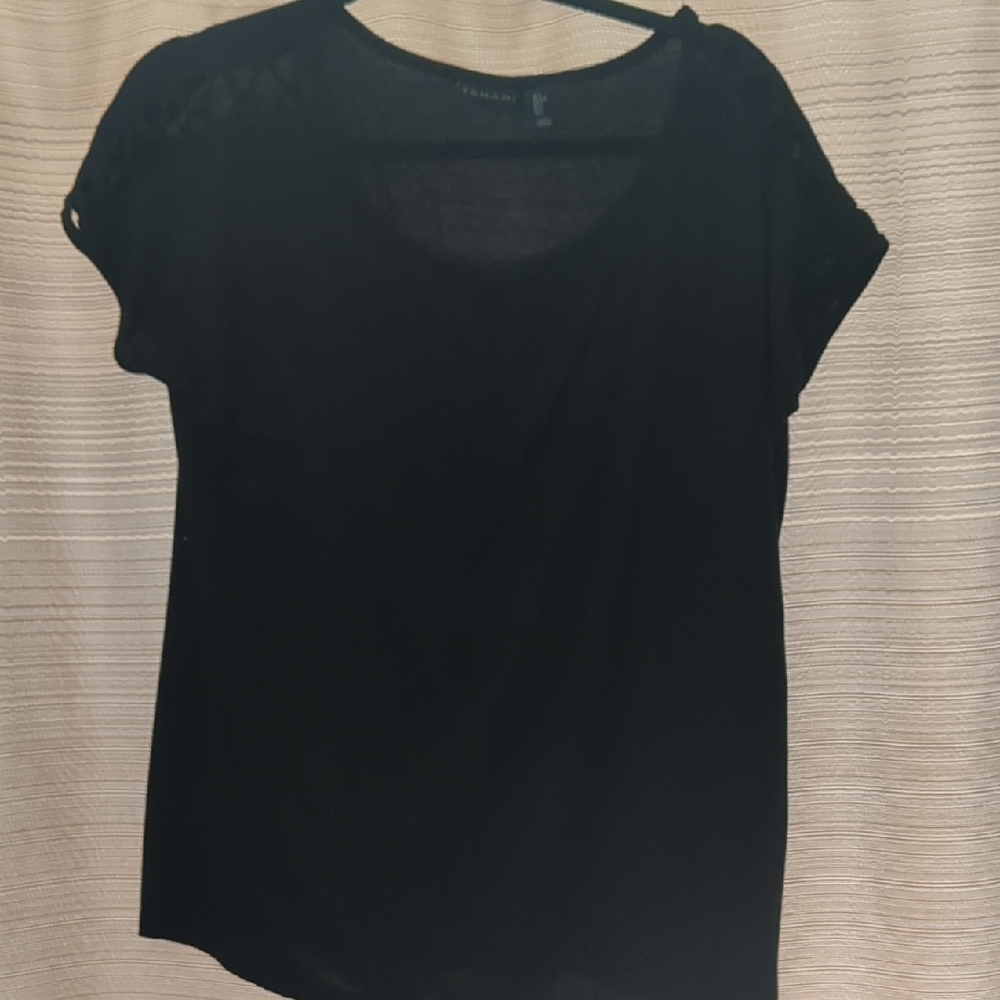 Tahari Black Short Sleeve Tee with Shoulder Lattice - Picture 2 of 4